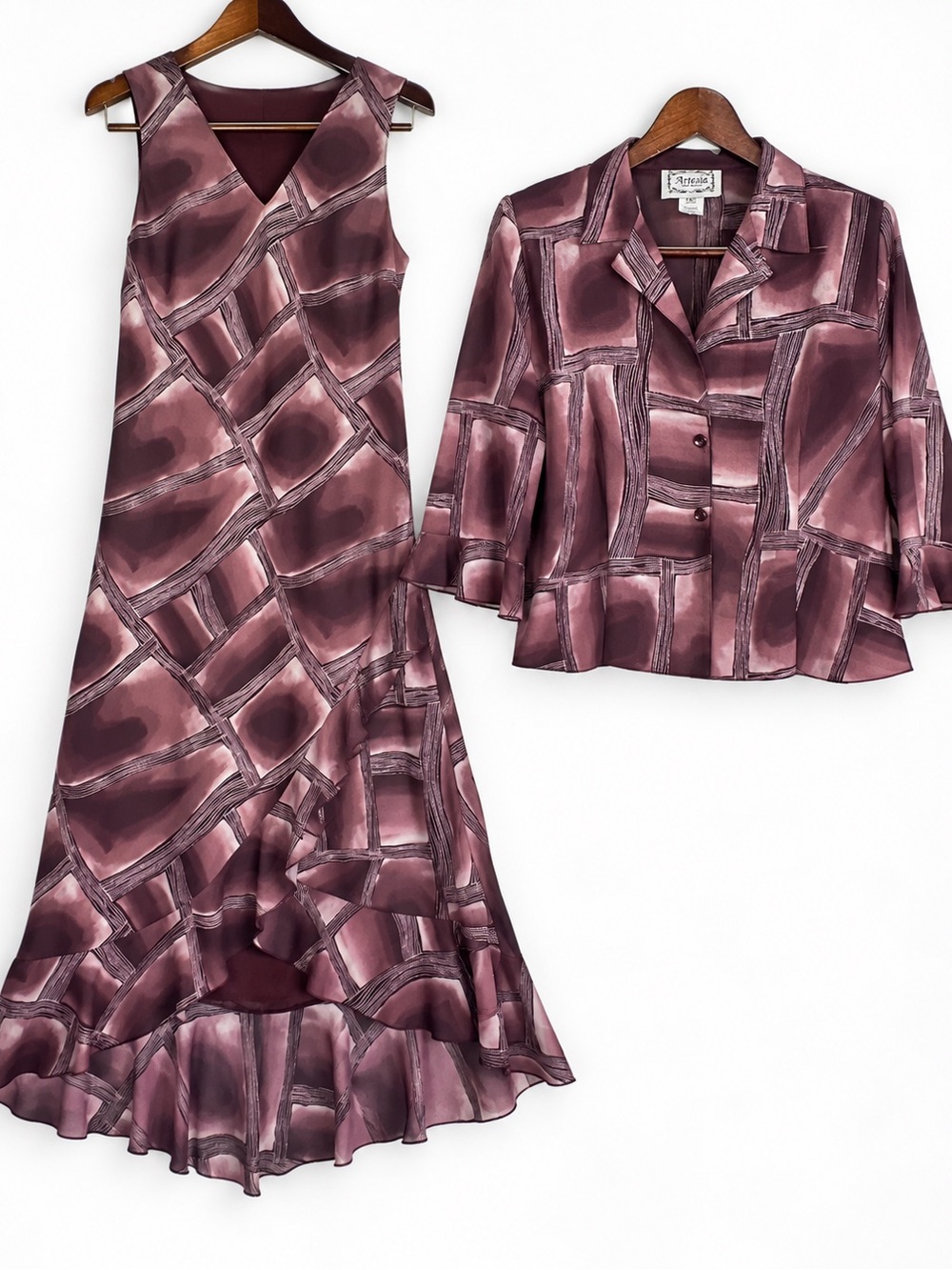Vintage 90s Artesia 2 Piece Mauve Metallic Dress Jacket Set L